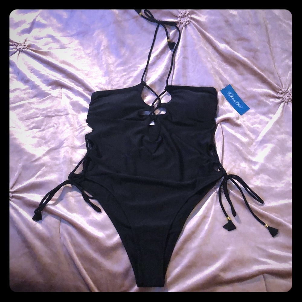 Black one piece lace-up halter bathing suit